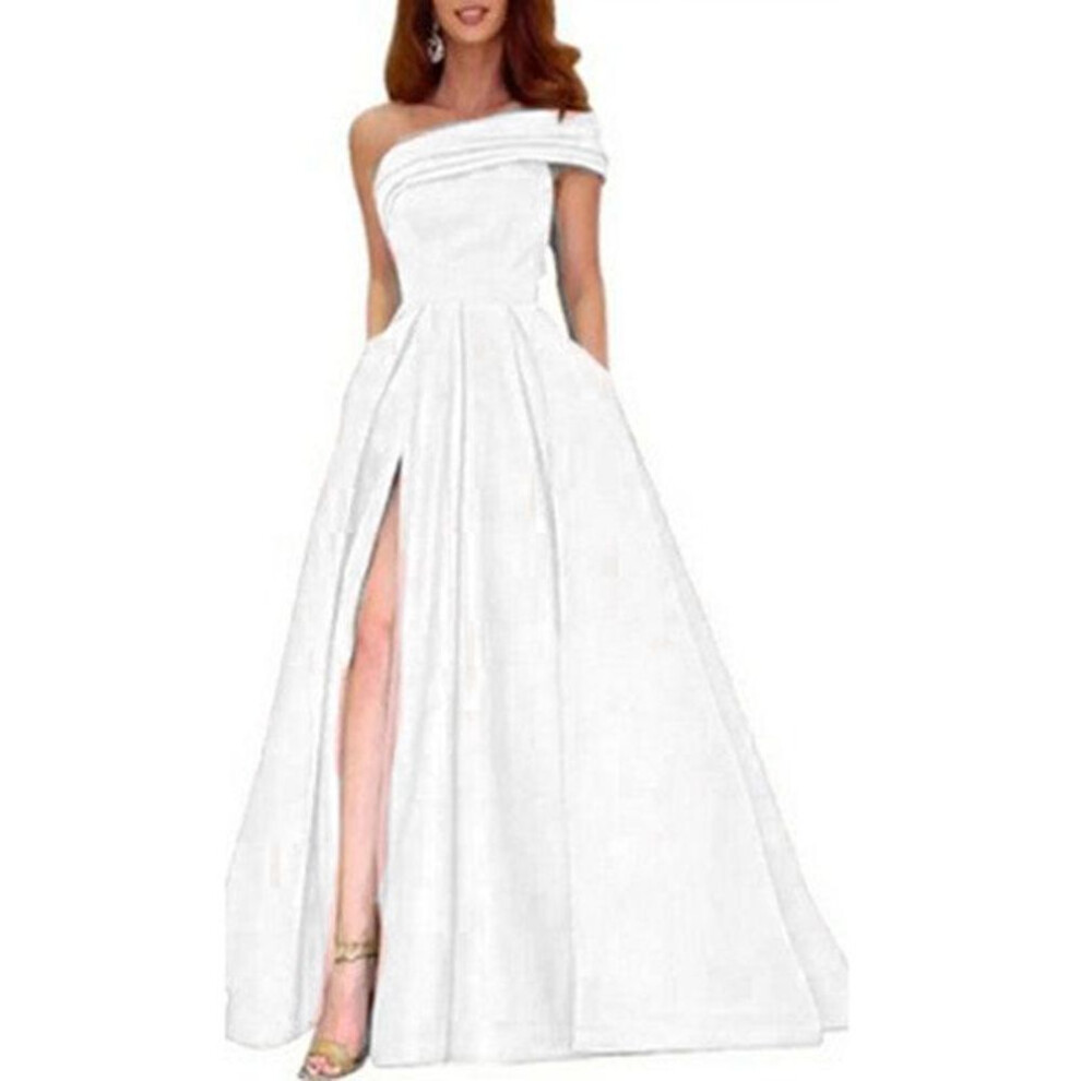 (white, XXXL) Green High-Slit One-Shoulder Satin Evening Dress with Tutu Skirt