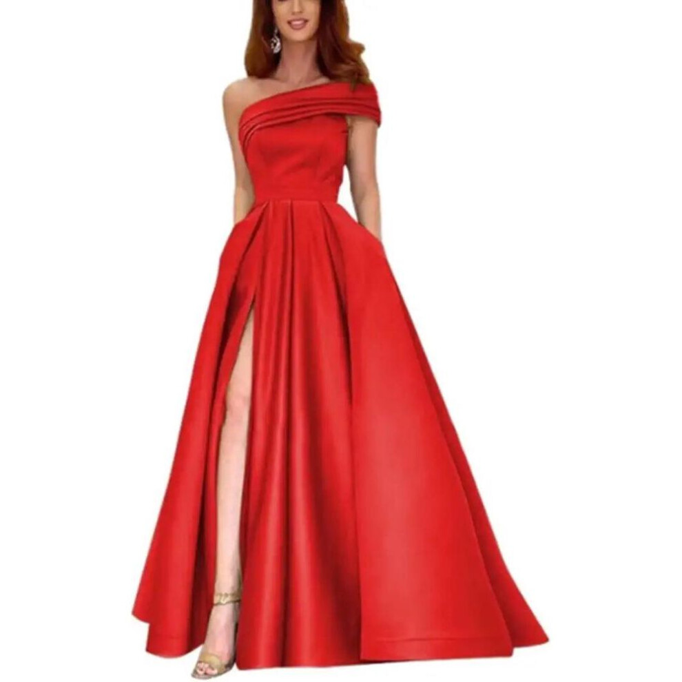 (red, S) Green High-Slit One-Shoulder Satin Evening Dress with Tutu Skirt