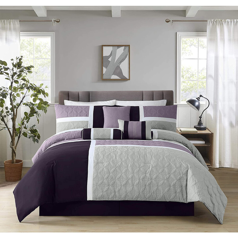 Ensemble de couette patchwork matelass   e Upland 7 pi   ces de la collection Chezmoi, lavande/gris/violet, tr   s grand lit