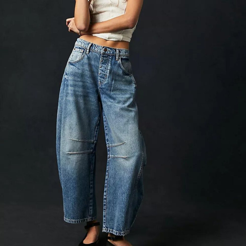 (dark blue, XL) GMXIA Fashion Casual Women's Baggy Wide-leg Mid-rise Washed Denim Pants