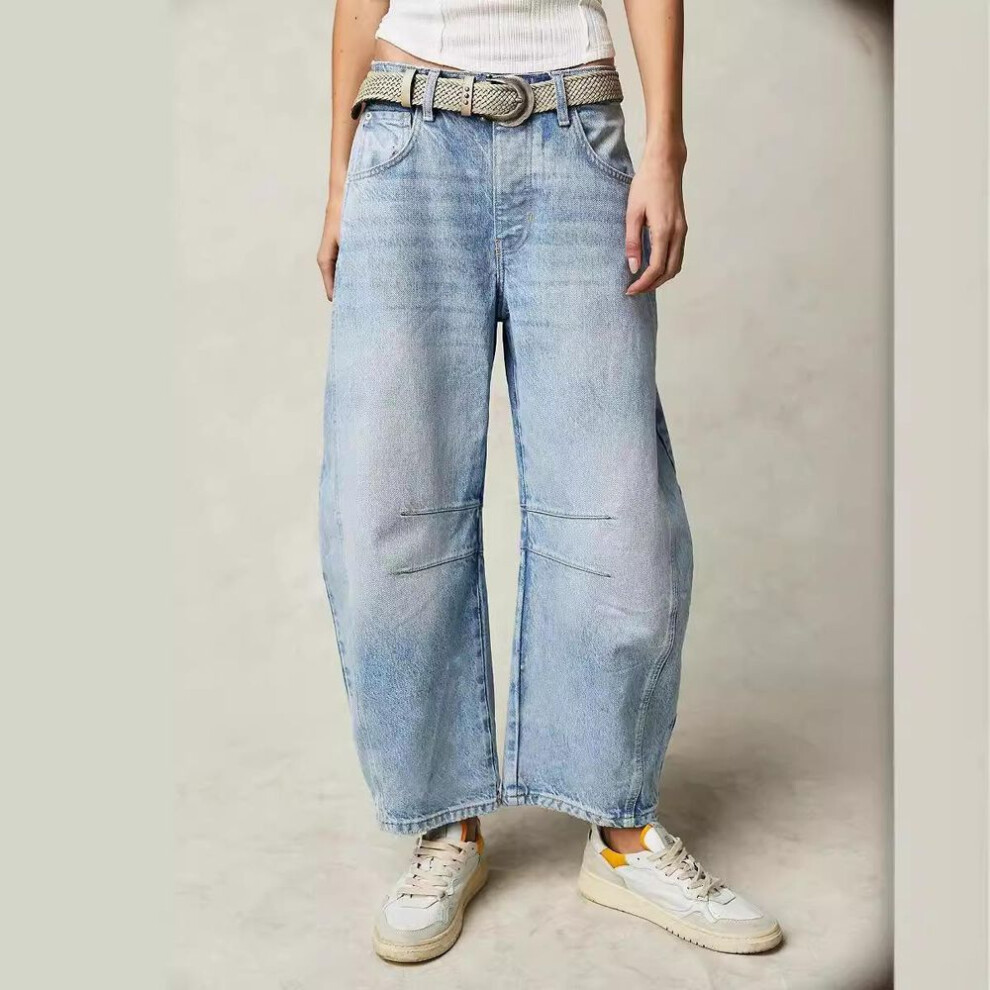 (light blue, L) Gmxia Fashion Casual Women's Baggy Wide-leg Mid-rise Washed Denim Pants