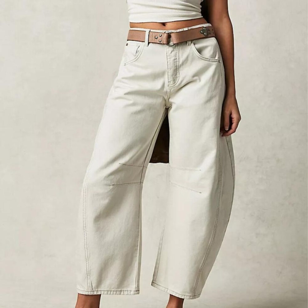 (white, XL) Gmxia Fashion Casual Women's Baggy Wide-leg Mid-rise Washed Denim Pants