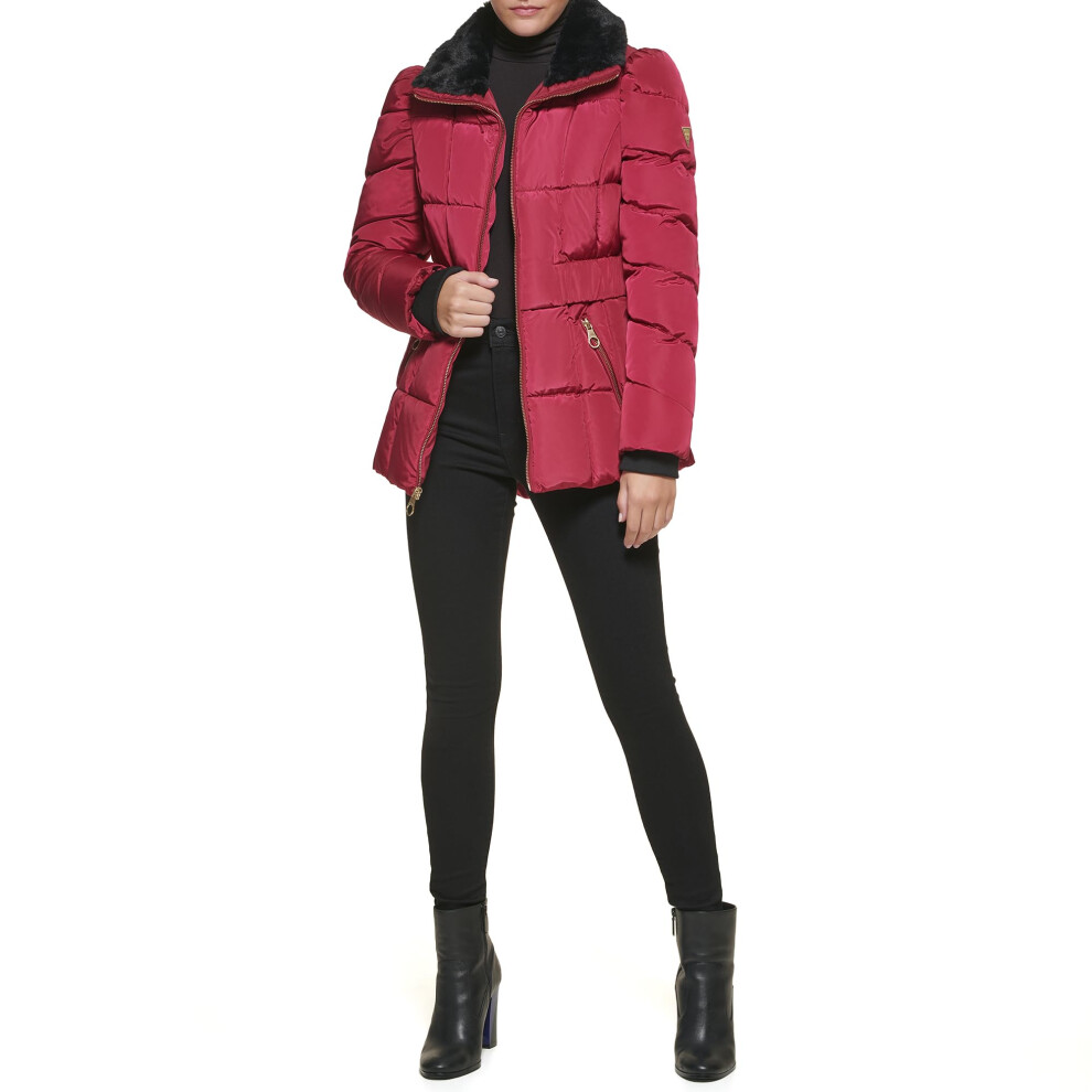 GUESS Women's Midweight Puffer Jacket  Faux Fur Collar Magenta  Large