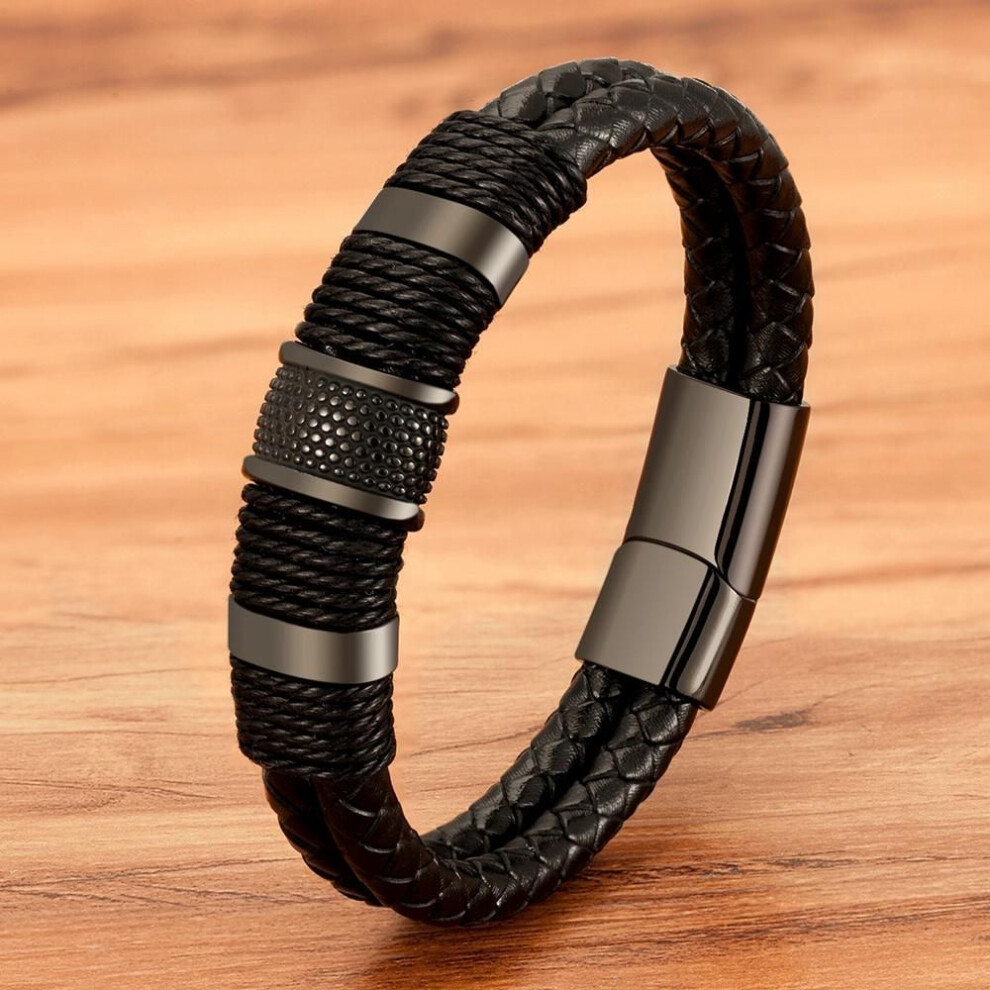 (silver, Length-21cm) Woven Leather Rope Wrapping Special Style Classic Stainless Steel Men's Leather Bracelet Double-layer Design