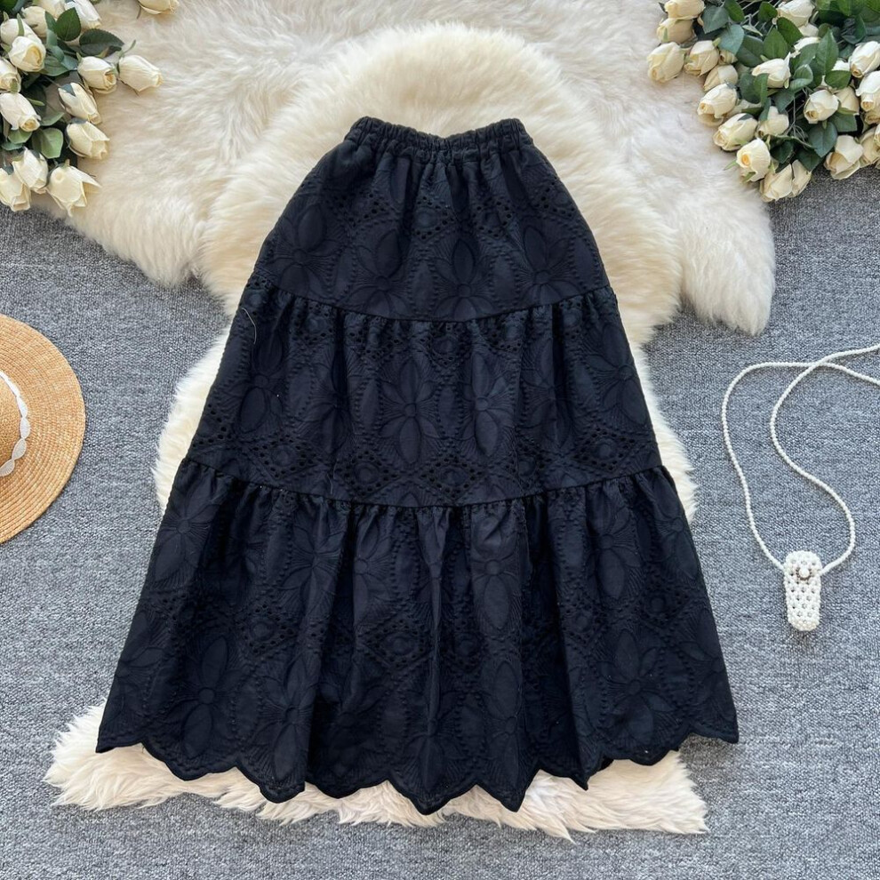 (One Size, black) DIMANAF 2025 Spring Women New Skirts Vintage Elastic  Elegant White Pleated Skirts Lace High Waist