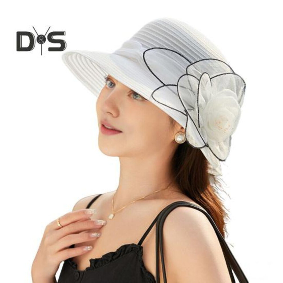(white) Women Organza Kentucky Sun Hats Wide Brim Flower Church Bridal Hat Beach Derby Hat For Tea Party Wedding