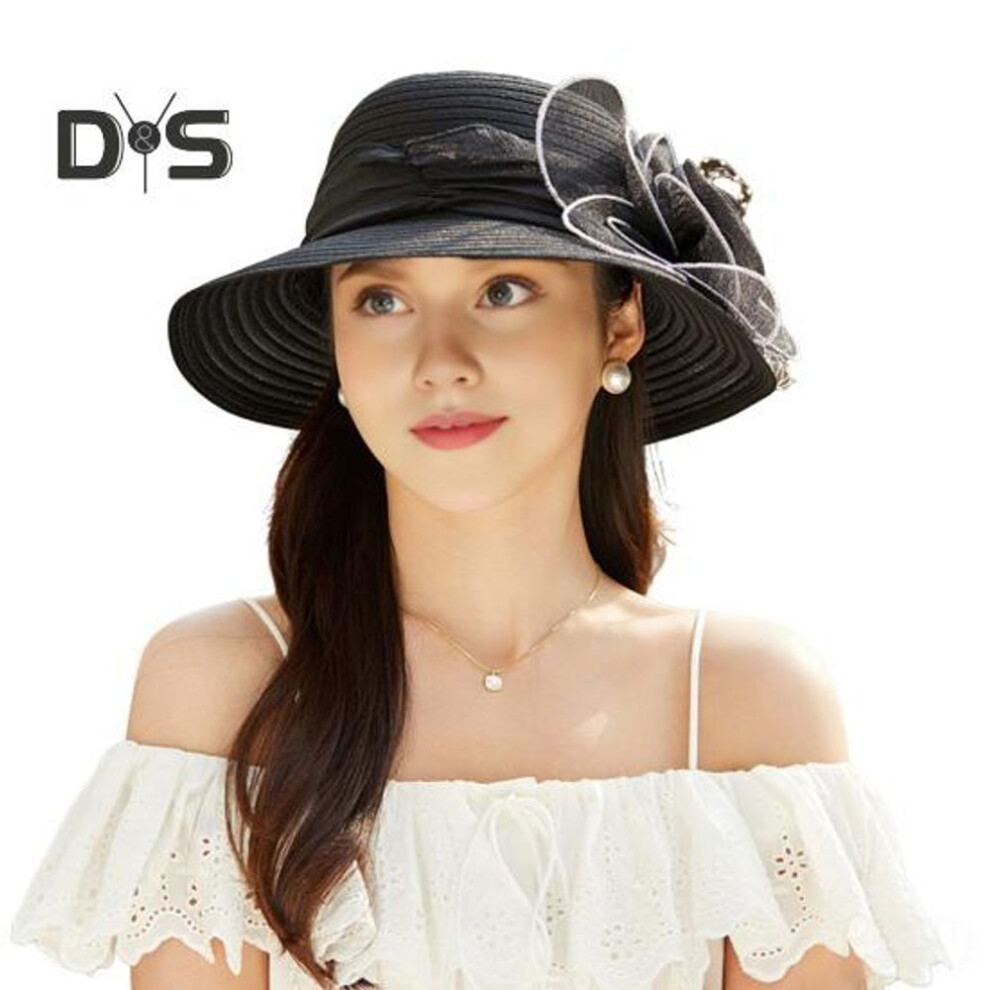 (black) Women Organza Kentucky Sun Hats Wide Brim Flower Church Bridal Hat Beach Derby Hat for Tea Party Wedding