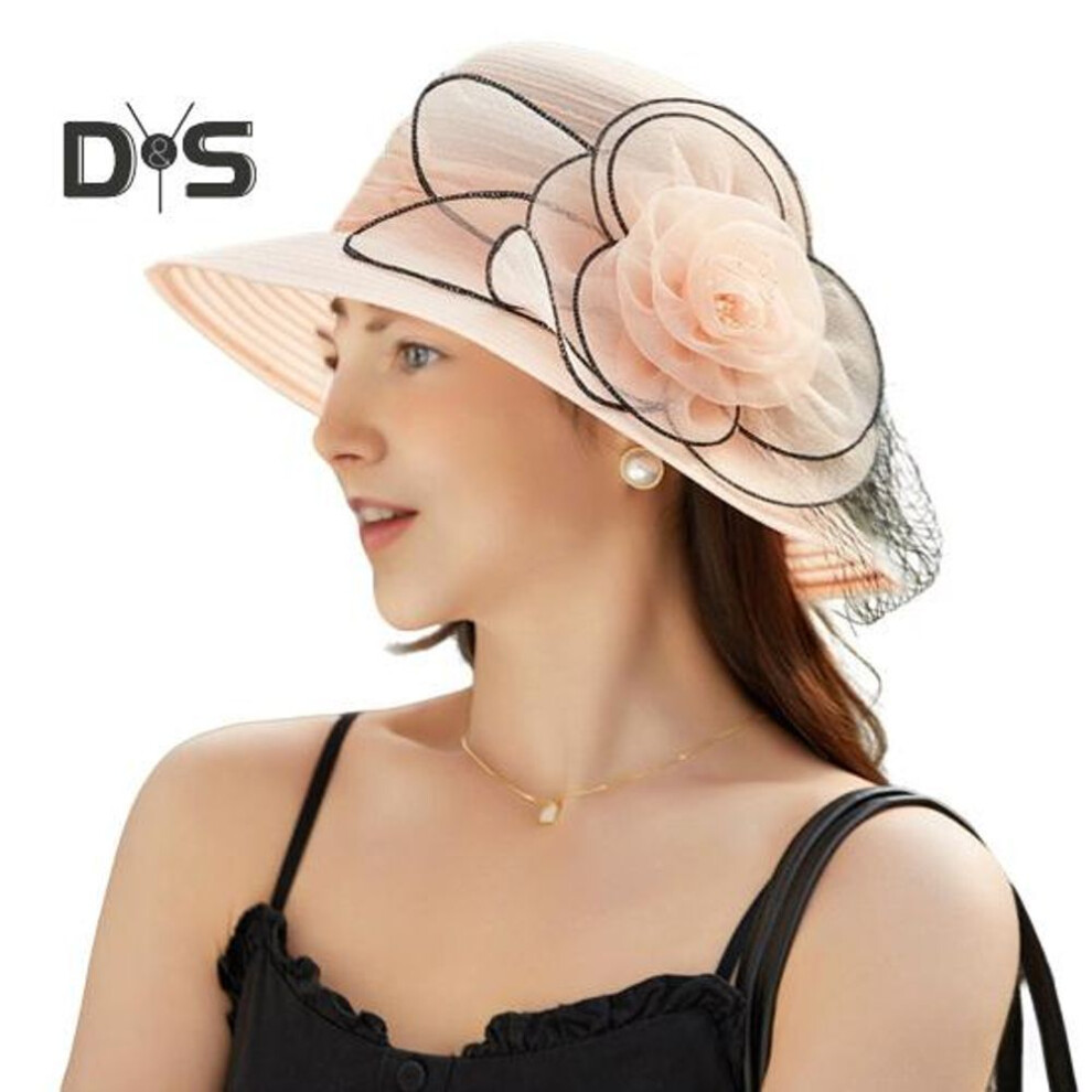 (pink) Women Organza Kentucky Sun Hats Wide Brim Flower Church Bridal Hat Beach Derby Hat For Tea Party Wedding