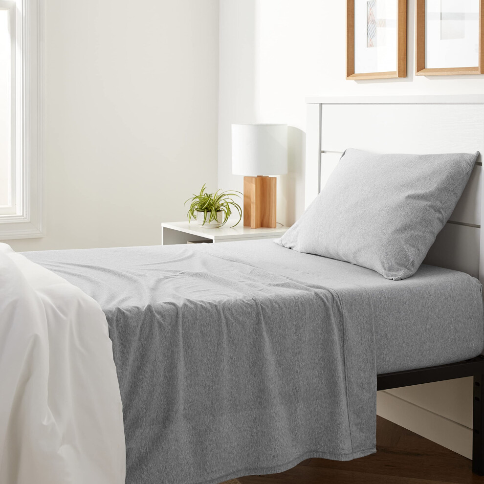 Amazon Basics 3 Piece Bed Sheets Set  100% Cotton Jersey  Includes Super Soft  Flat and Fitted Sheets  Pillowcase  Twin  Light Gray  Solid