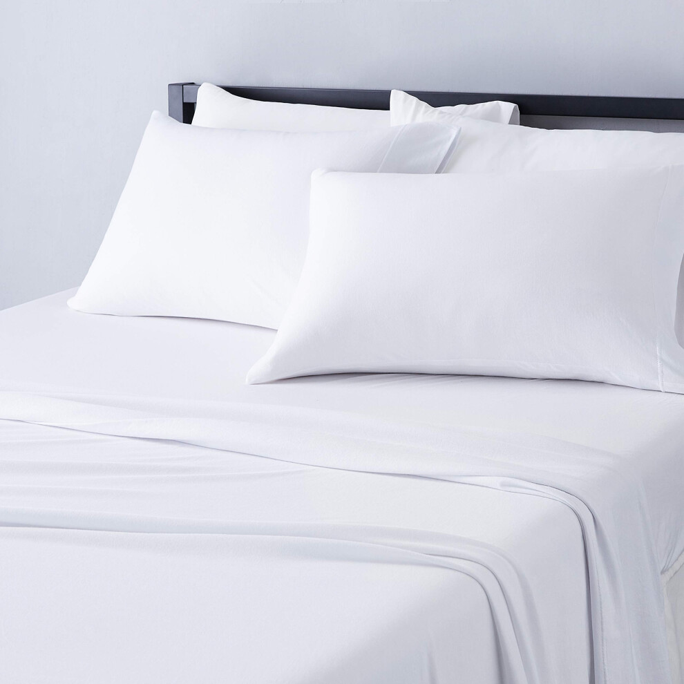 Amazon Basics 4 Piece Bed Sheet Set  100% Cotton Jersey  Includes Super Soft  Flat and Fitted Sheets  Pillowcase  King  White  Solid
