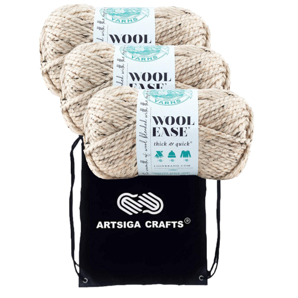Lion Brand Wool Ease Thick & Quick Oatmeal 640-123 (3-Skeins - Same Dye Lot) #6 S Bulky Acrylic-Wool Yarn for Crocheting and Knitting with Project Bag