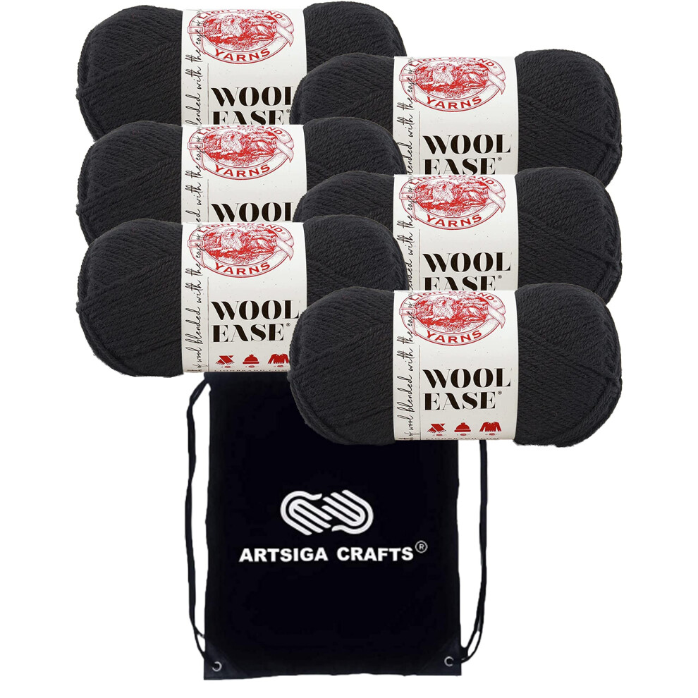 Lion Brand Wool Ease Black 620-153 (6-Skeins - Same Dye Lot) Worsted Medium #4 Acrylic  Wool Yarn for Crocheting and Knitting with Project Bag