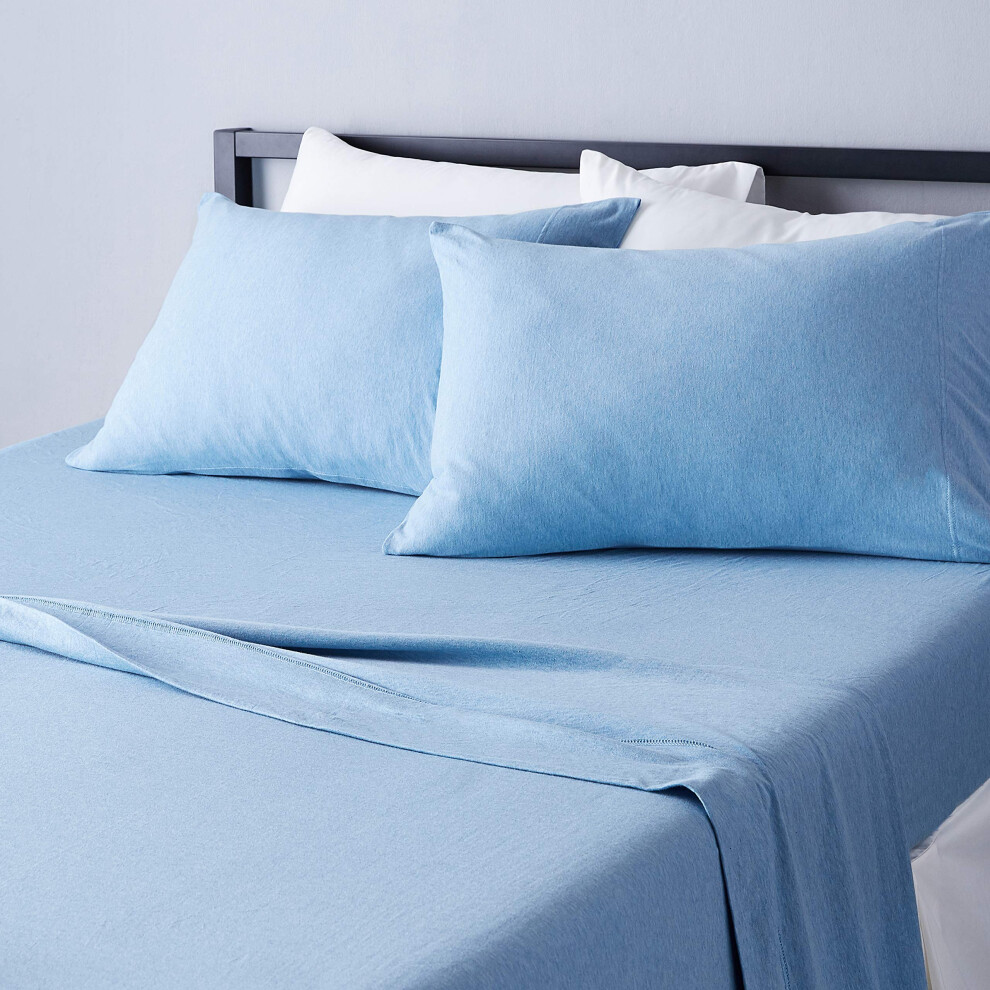 Amazon Basics 4 Piece Bed Sheets Set  100% Cotton Jersey  Includes Super Soft  Flat and Fitted Sheets  Pillowcase  King  Sky Blue  Solid