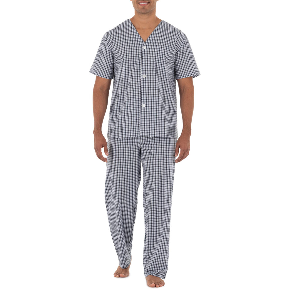 Fruit of the Loom Men's Broadcloth Short Sleeve Top and Long Pants Pajama Set  Navy/White Check  Small