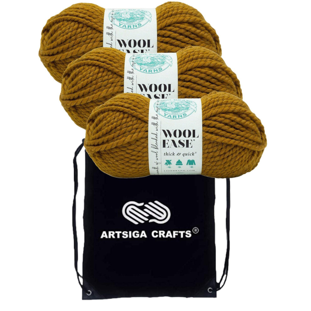 Lion Brand Wool Ease Thick & Quick Flax 640-186 (3-Skeins - Same Dye Lot) #6 S Bulky Acrylic-Wool Yarn for Crocheting and Knitting with Project Bag
