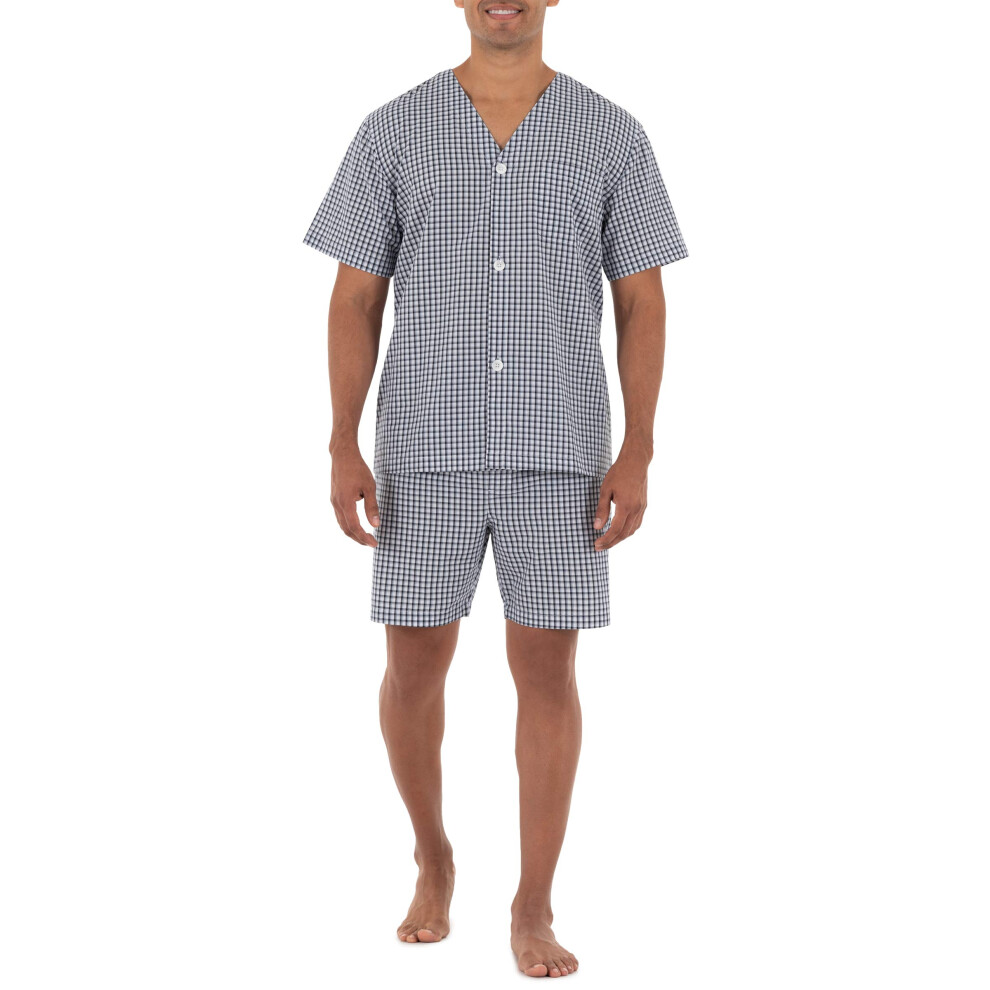 Fruit of the Loom Men's Broadcloth Short Sleeve Pajama Set  Navy/White Check  Small