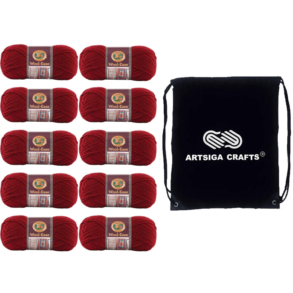 Lion Brand Wool Ease Cranberry 620-138 (10-Skeins - Same Dye Lot) Worsted Medium #4 Acrylic  Wool Yarn for Crocheting and Knitting with Project Bag