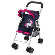 Bayer Design-poppen: Buggy-kinderwagen - Blauw-roze harten-eenhoorn - Accessoire voor poppen tot 45 cm Zonnekap Opvouwbare veiligheidsgordel Kindersp