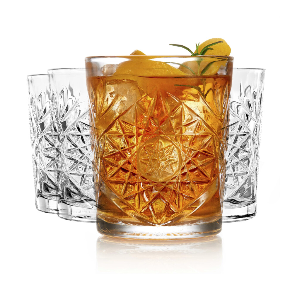 Libbey Hobstar Double Old Fashioned Glasses Clear Cut Glass Drinking Glasses Set of 4 Durable Vintage Whiskey Glasses for Cocktail Drinks and More