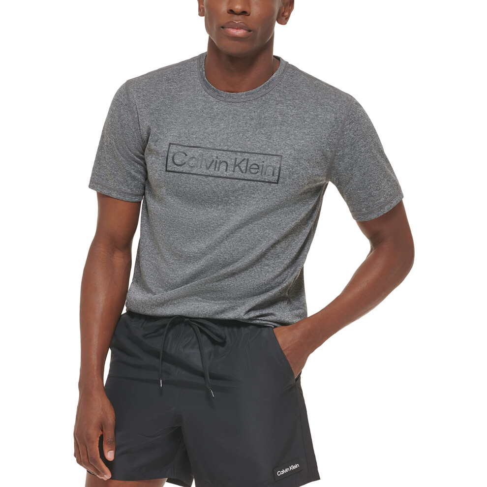 Calvin Klein Men's Standard Light Weight Quick Dry Short Sleeve 40+ UPF Protection Active Top  Grey Heather Logo  Small