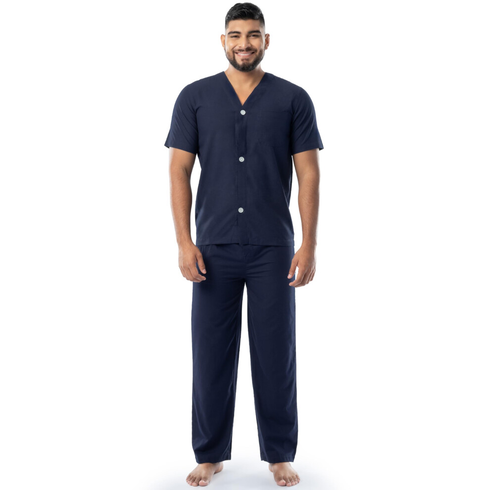 Fruit of the Loom Men's Broadcloth Short Sleeve Top and Long Pants Pajama Set  Navy Blue