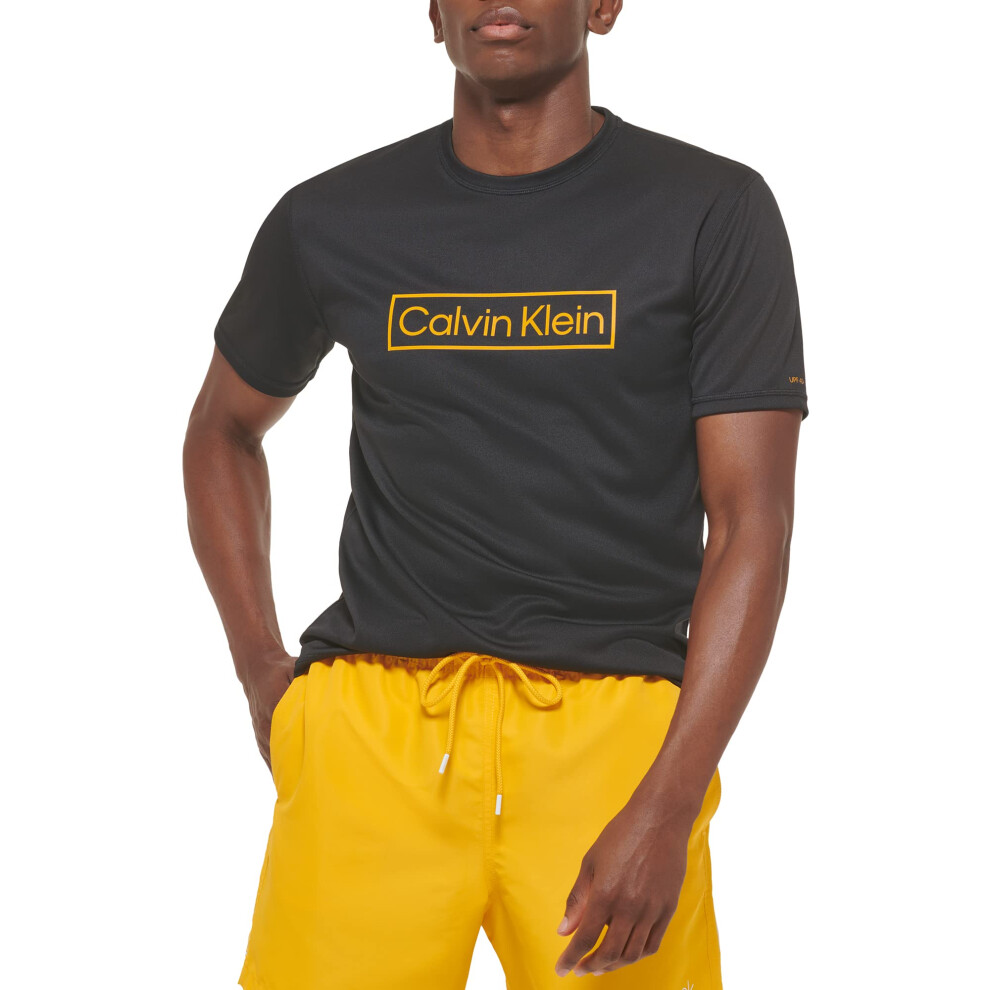Calvin Klein Men's Standard Light Weight Quick Dry Short Sleeve 40+ UPF Protection Active Top  Black Logo  XX-Large