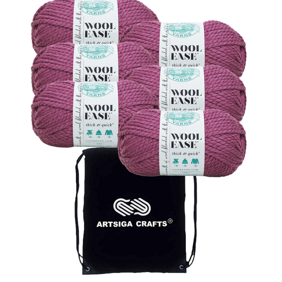 Lion Brand Wool Ease Thick & Quick Fig 640-146 (6-Skeins - Same Dye Lot) #6 S Bulky Acrylic-Wool Yarn for Crocheting and Knitting with Project Bag