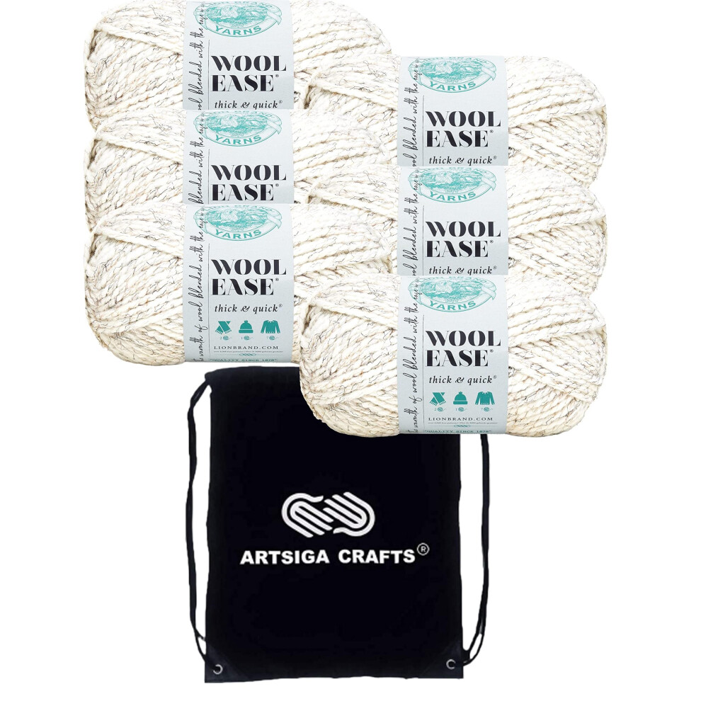 Lion Brand Wool Ease Thick & Quick Wheat 640-402 (6-Skeins - Same Dye Lot) #6 S Bulky Acrylic-Wool Yarn for Crocheting and Knitting with Project Bag