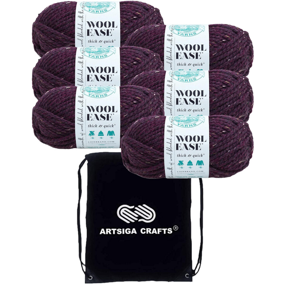 Lion Brand Wool Ease Thick & Quick Raisin 640-144 (6-Skeins - Same Dye Lot) #6 S Bulky Acrylic-Wool Yarn for Crocheting and Knitting with Project Bag