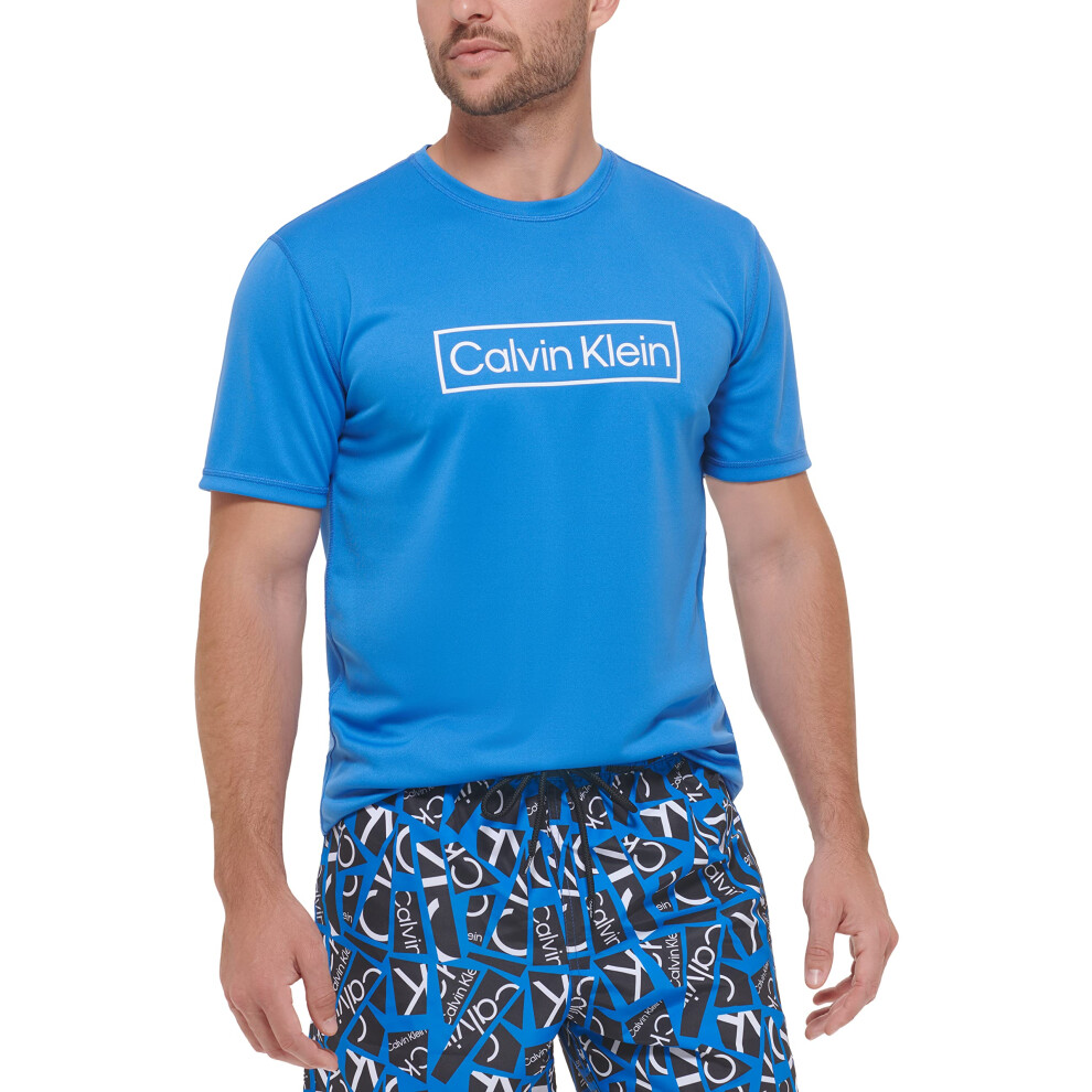Calvin Klein Men's Standard Light Weight Quick Dry Short Sleeve 40+ UPF Protection Active Top  Blue Logo  XX-Large