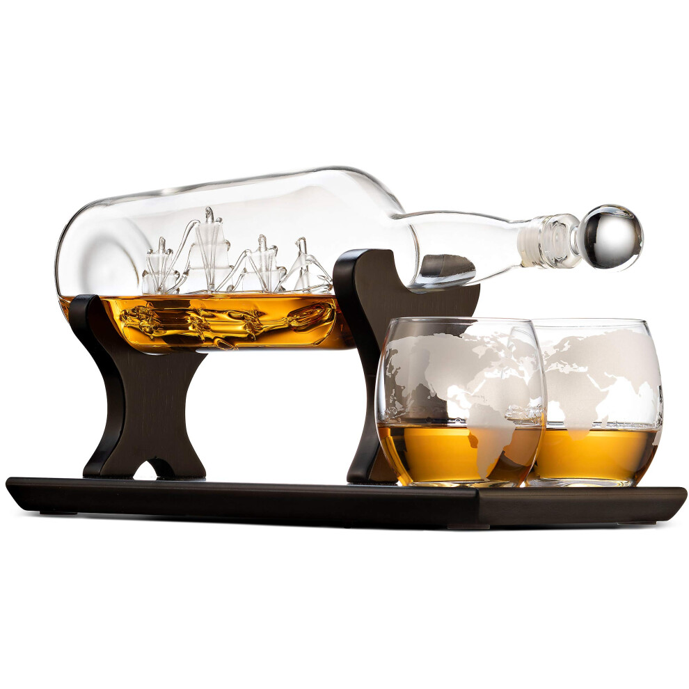 Godinger Ship In A Bottle Whiskey Decanter and Whiskey Glasses Bar Set for Liquor Scotch Bourbon Gifts for Men Clear