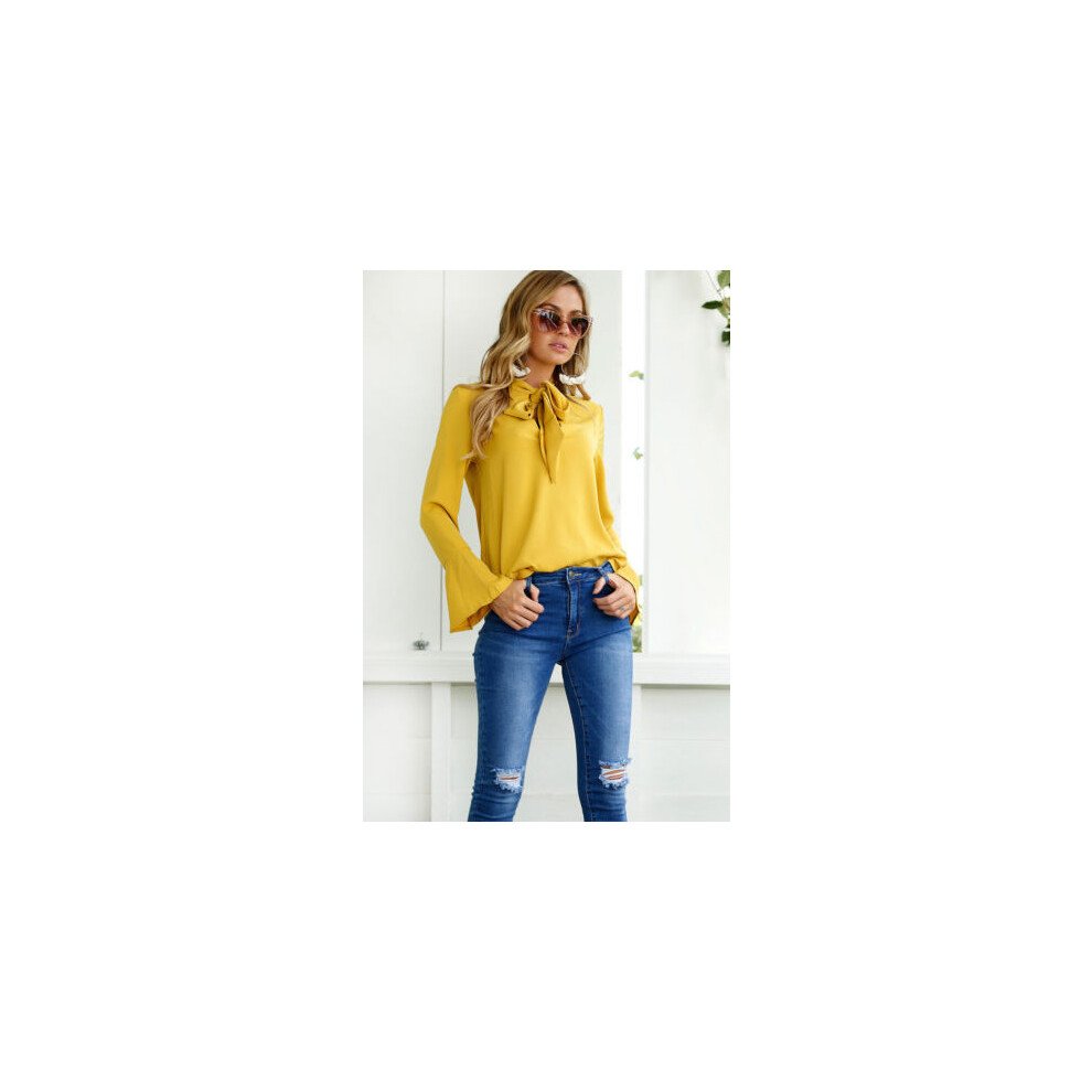 (Jaune,S(US4-6/UK6-8))Chemise Mode Femme Décontractée Manche Longue Tshirt Noeud Lache Hauts Blouse Dete