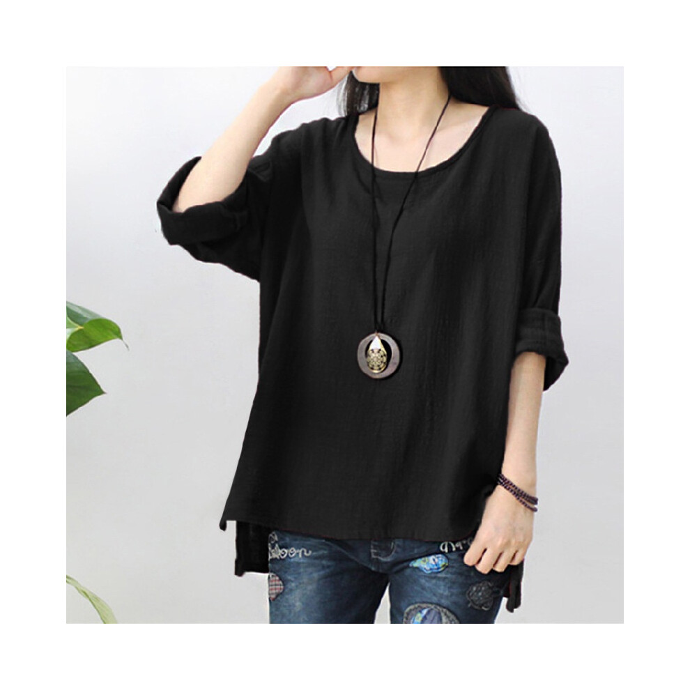 (Black,5XL)Chemise débardeur femme décontractée vintage coton lin ample manches longues hauts
