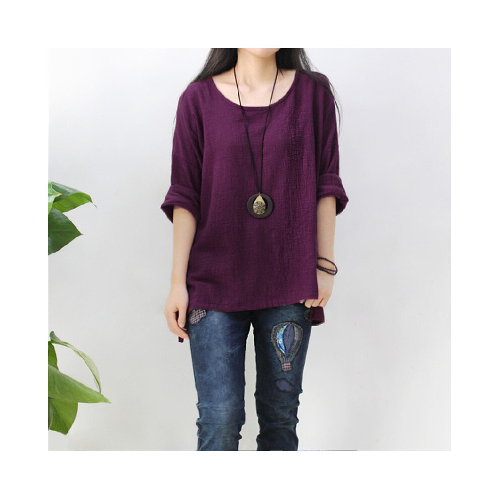 (Purple,L)Chemise décontractée femme vintage coton lin ample manches longues débardeurs chemisier
