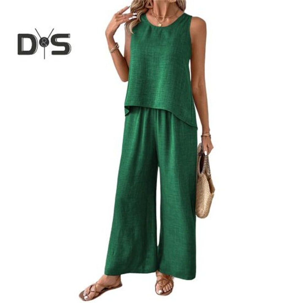 (green, S) Women's Two Piece Lounge Set Summer Sleeveless Hollow Back Top Wide Leg Pants Set Casual Vacation Travel Outfits