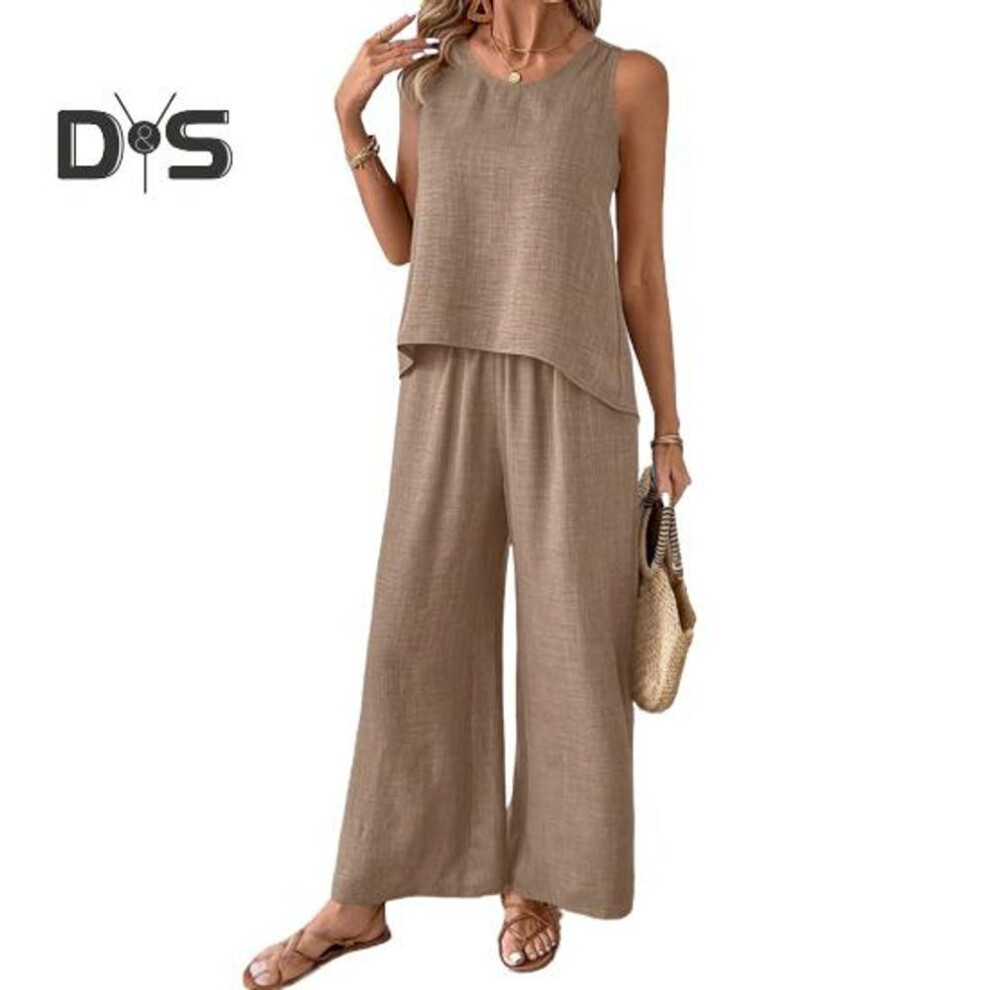 (dark khaki, L) Women's Two Piece Lounge Set Summer Sleeveless Hollow Back Top Wide Leg Pants Set Casual Vacation Travel Outfits