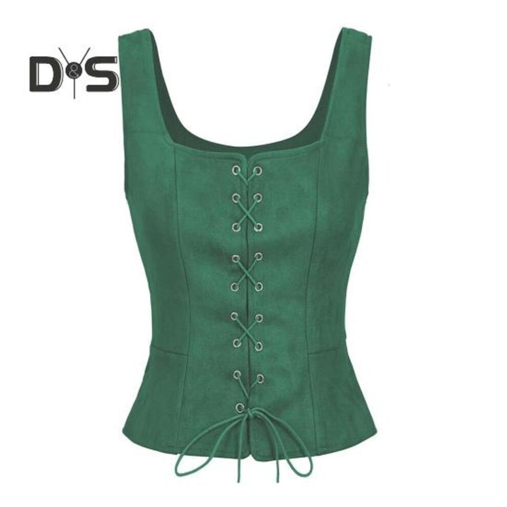 (2XL, green) Lady Vest Lace-up Strap Renaissance Vinatge Square Neck Sleeveless Medieval Slim Fit Solid Color Halloween Cosplay Performance Top