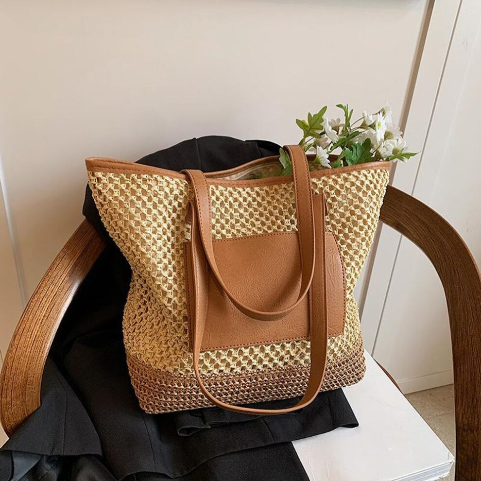 (beige, 41x13x32cm) Yogodlns Women Crochet Beach Handbag Pu Patchwork Weaving Travel Bag Contrast Color Simple Shoulder Bag Ladies Summer Daily Bag