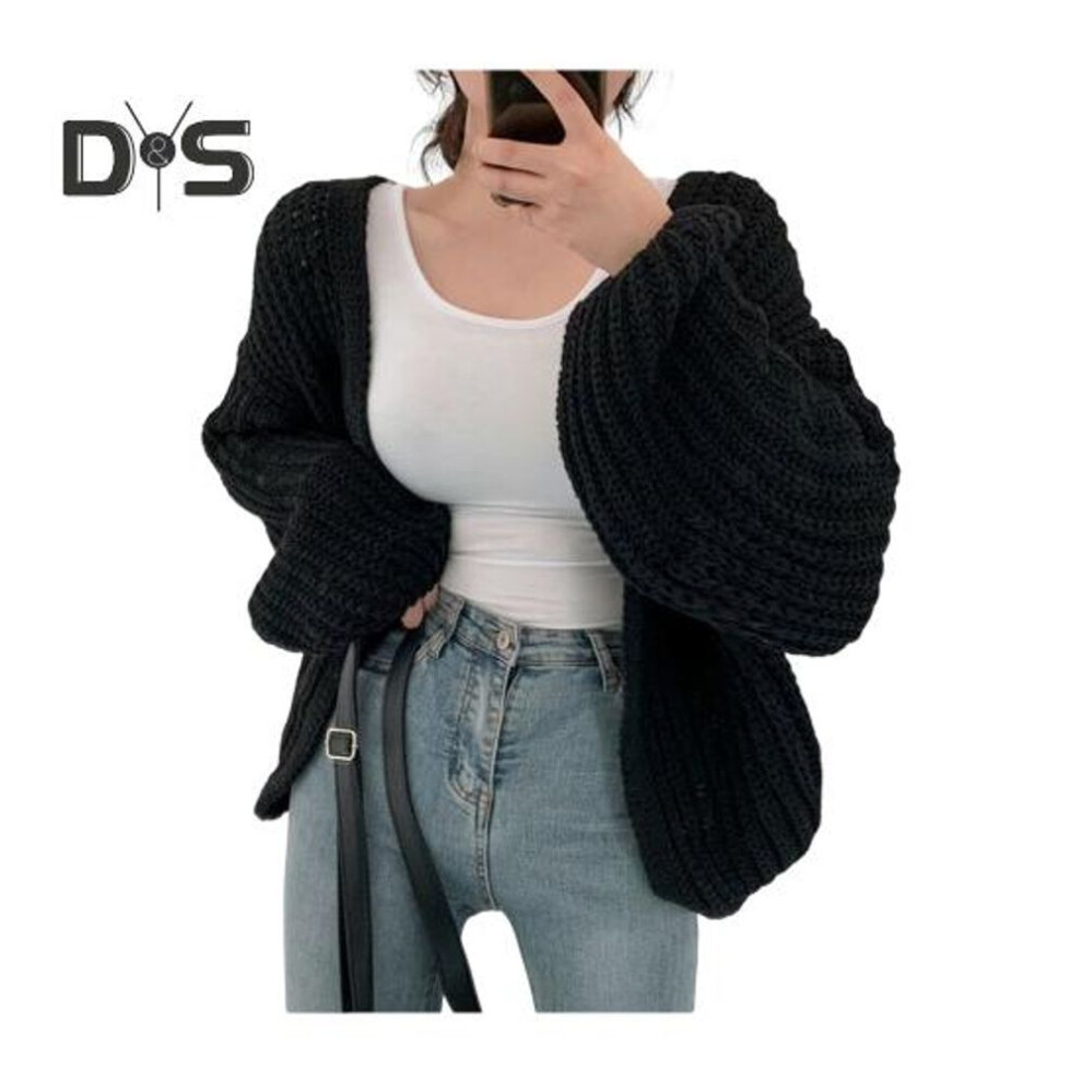 (black) Women Sweater Coat V-Neck Lantern Long Sleeve Open Stitch Knitting Coat Solid Color Casual Knitwear Daily Wear