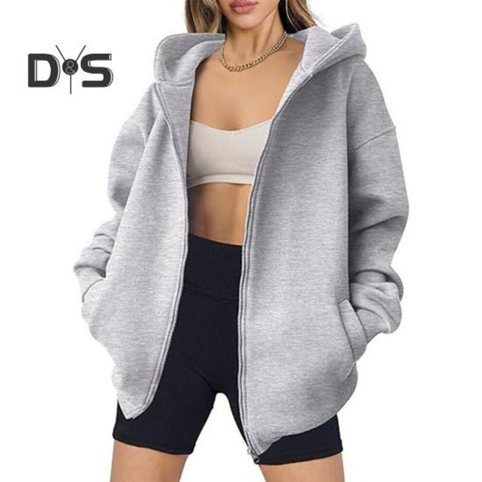 (S, light grey) Fall Winter Women Coat Hooded Zipper Closure Solid Color Thick Pockets Loose Cardigan Mid Length Outdoor Travel Shopping Sport Hoodie
