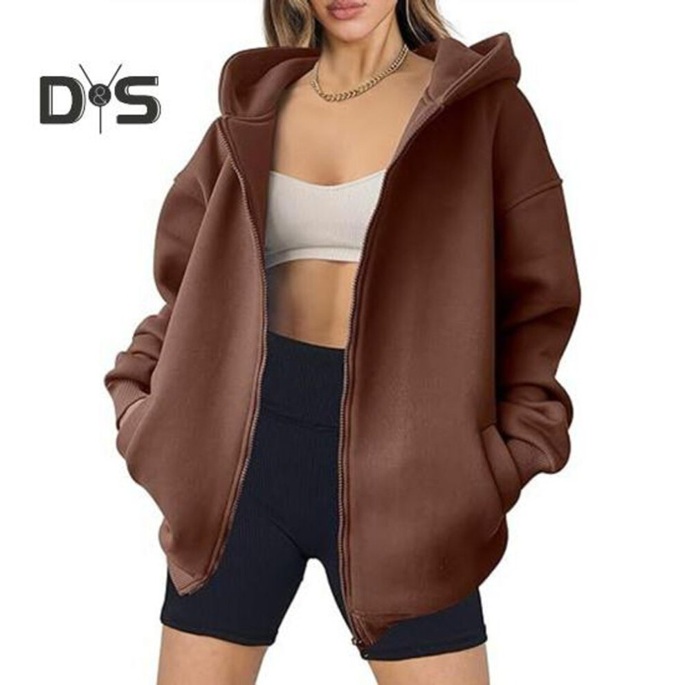 (M, dark brown) Fall Winter Women Coat Hooded Zipper Closure Solid Color Thick Pockets Loose Cardigan Mid Length Outdoor Travel Shopping Sport Hoodie