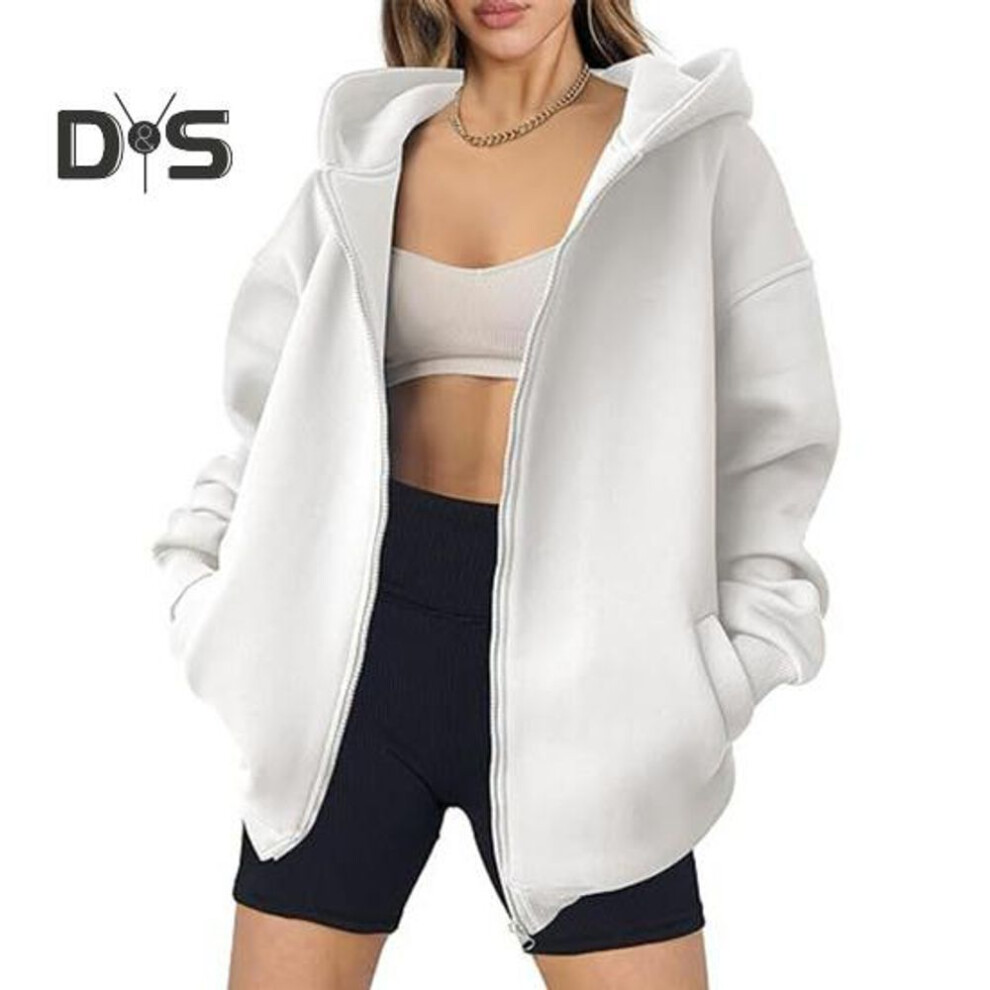 (S, white) Fall Winter Women Coat Hooded Zipper Closure Solid Color Thick Pockets Loose Cardigan Mid Length Outdoor Travel Shopping Sport Hoodie