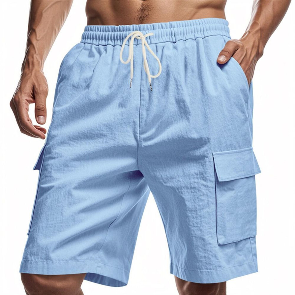 (light blue, XXL) Men's Linen Solid Color Lace-up Sweatpants Men's Shorts Casual Pants