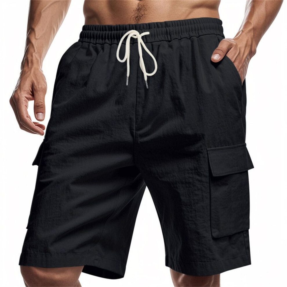 (black, XL) Men's Linen Solid Color Lace-up Sweatpants Men's Shorts Casual Pants