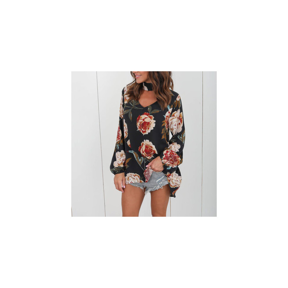 (Noir,Tag L=US S)Chemise Tshirt Chemise Femme Soie Fleurie Col V Haut Longue Casual Blouse Tee