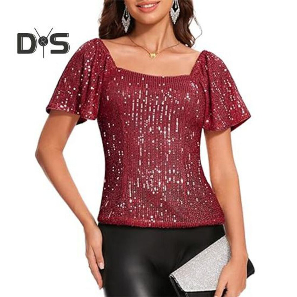 (XL, red) Women Tops Square Collar Puff Short Sleeve Sequin Tops Glitter Sparkling Party Blouse Evening Party Tops