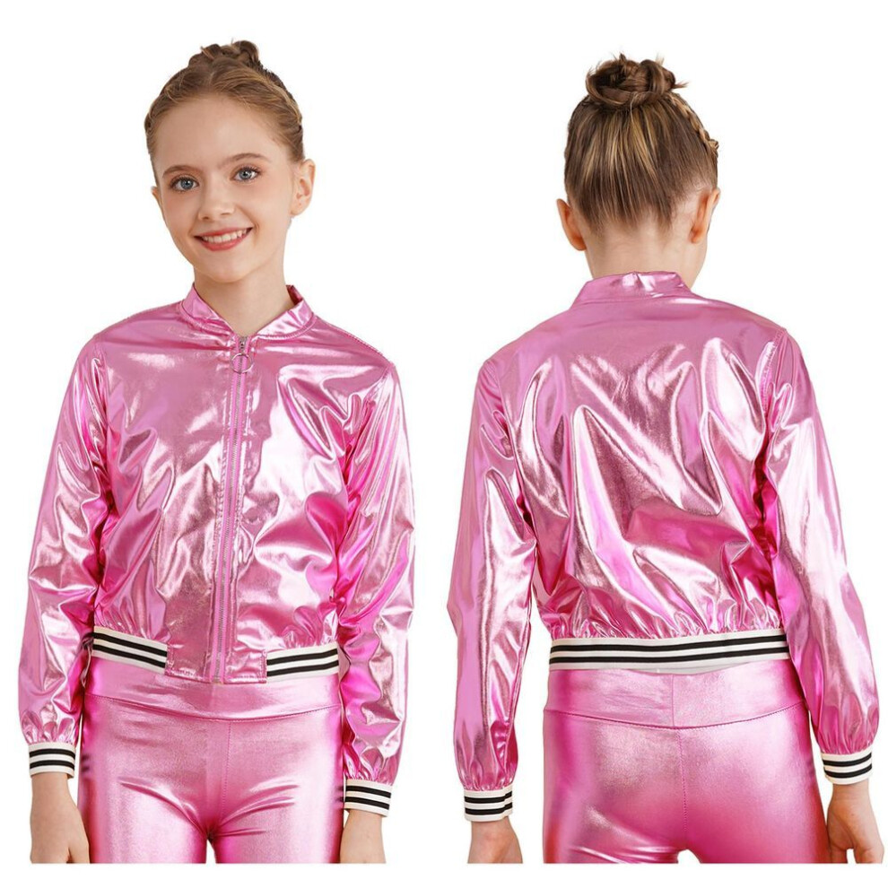 (pink, 13-14 Years) Kids Girls Shiny Long Sleeve Baseball Jacket Sparkle Metallic Zipper Bomber Jacket Coat Outerwear