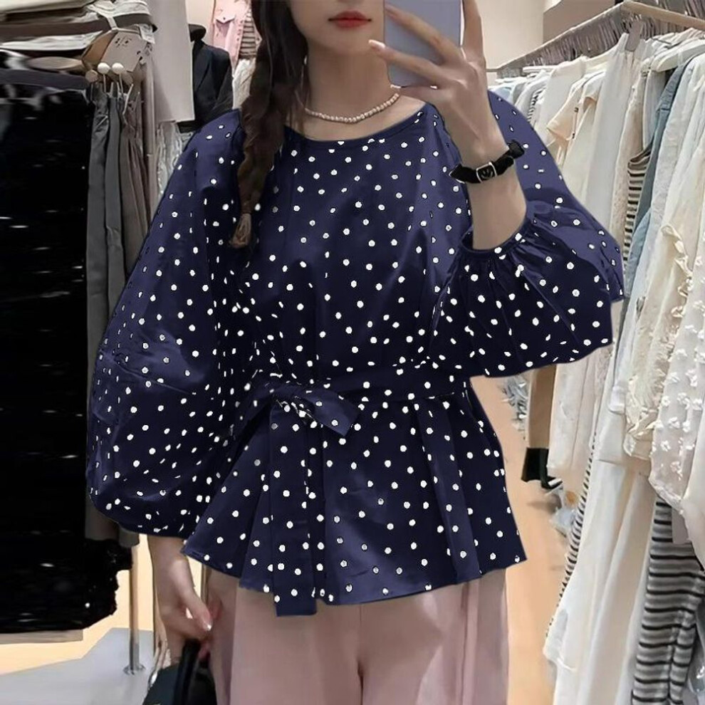 (L, dark blue) ZANZEA Womens Casual Nine Quarter Sleeve Loose Polka Dot Print Blouse
