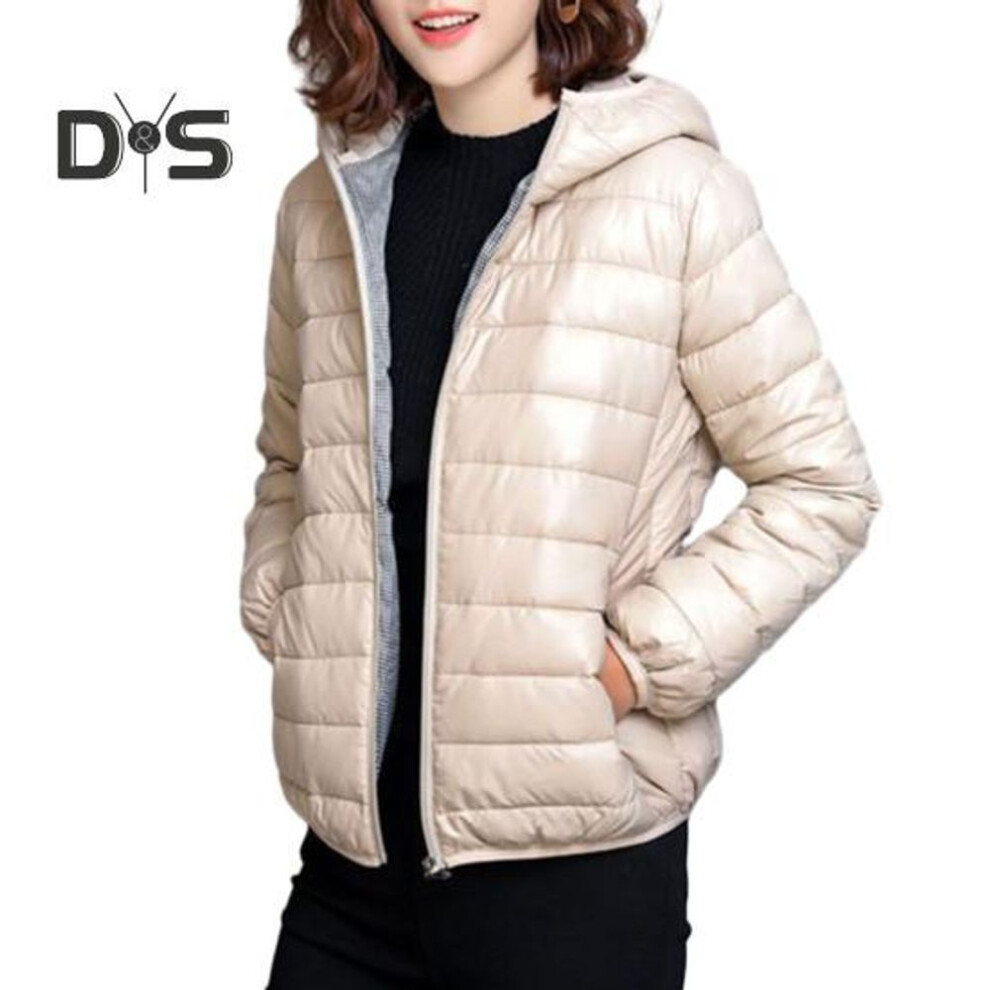 (beige, XL) Women Fall Winter Coat Padded Hooded Thick Long Sleeve Warm Solid Color Smooth Slim Fit Zipper Closure Pockets Cardigan Lady Cotton Coat Jacket