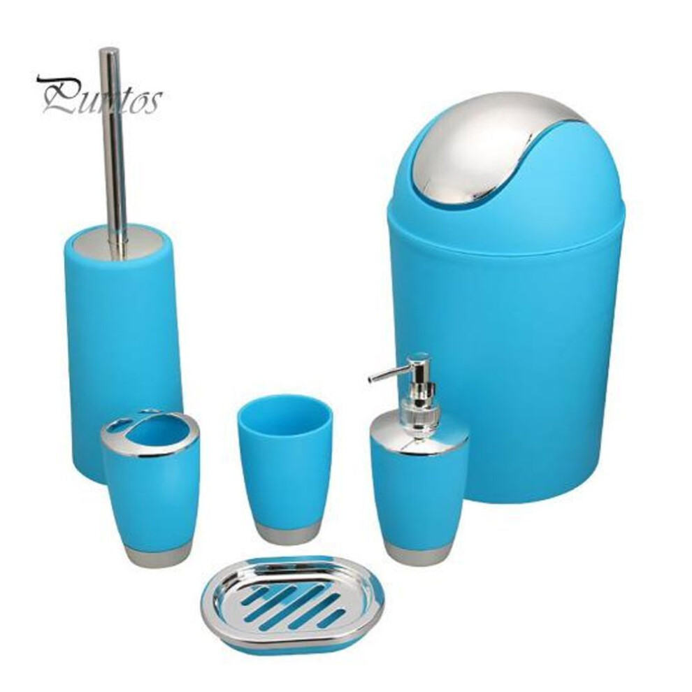 (blue) 6pcs/set Bathroom Kit Lotion Bottle Mouthwash Cup Toothbrush Cup Soap Box Toilet Brush Trash Can Set Toiletries Organizer